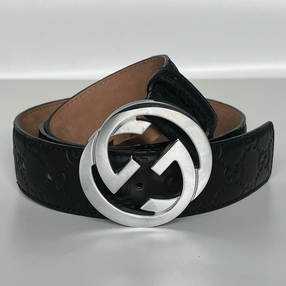 Authentic Men’s Gucci Belt Black Guccissima Monogram Silver GG sz40